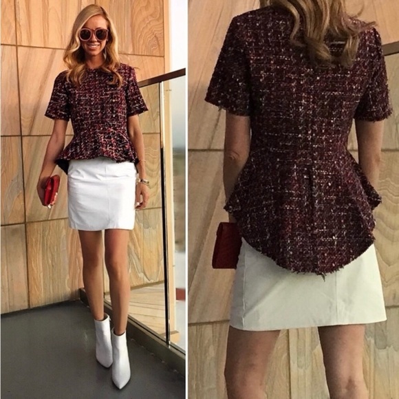 Zara Boucle High Low Peplum Top Short Sleeve Purple Multicolor Raw Edge Fringe S - Picture 4 of 13